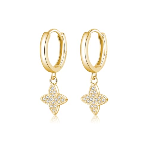 SLUYNZ 925 Sterling Silber CZ Blatt Klee Creolen für Frauen Teens - Lucky Clover Huggie Tropfen Ohrringe (B-Gold) von SLUYNZ