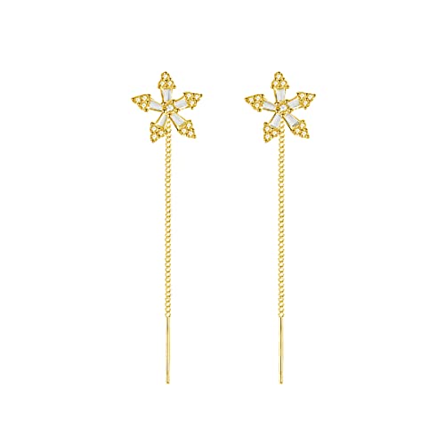 SLUYNZ 925 Sterling Silber CZ Blumenbaum Ohrringe Kette für Frauen Teenager Mädchen Schneeflocke Blume Dangling Ohrringe Einfädelquaste (B-Gold Plated) von SLUYNZ