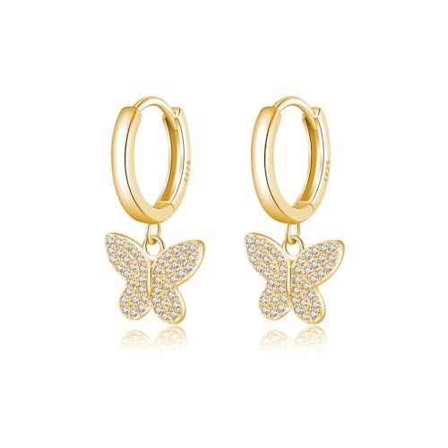 SLUYNZ 925 Sterling Silber CZ Buffterfly Creolen Ohrringe für Frauen Teenager Funkelnde Schmetterling Creolen Ohrringe Huggie Drop (B-Gold) von SLUYNZ