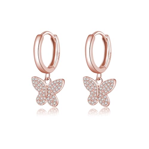 SLUYNZ 925 Sterling Silber CZ Buffterfly Creolen Ohrringe für Frauen Teenager Funkelnde Schmetterling Creolen Ohrringe Huggie Drop (C-Roségold) von SLUYNZ