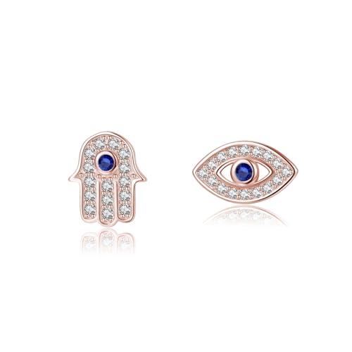 SLUYNZ 925 Sterling Silber CZ Evil Eye Ohrringe Ohrstecker für Damen Mädchen Teenager Hamsa Hand Ohrringe Ohrstecker (C-Rose Gold) von SLUYNZ