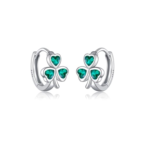 SLUYNZ 925 Sterling Silber CZ Liebe Klee Creolen Ohrringe für Damen Mädchen Grün Irisches Kleeblatt Huggie Ohrringe für St. Patricks Day (A-Silber) von SLUYNZ