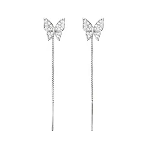 SLUYNZ 925 Sterling Silber CZ Schmetterling Dangle Ohrringe Kette für Frauen Teenager Mädchen Schmetterling Dangling Ohrringe Threader Quaste (A-Silber) von SLUYNZ