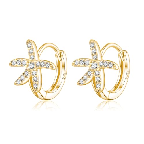 SLUYNZ 925 Sterling Silber CZ Seestern Creolen Ohrringe für Damen Strand Creolen Ohrringe Huggie (B-Gold) von SLUYNZ