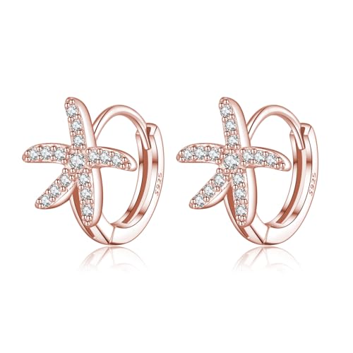 SLUYNZ 925 Sterling Silber CZ Seestern Creolen Ohrringe für Damen Strand Creolen Ohrringe Huggie (C-RoseGold) von SLUYNZ