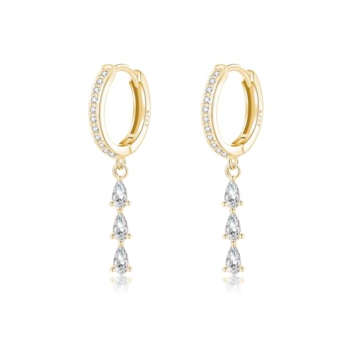 SLUYNZ 925 Sterling Silber CZ Teardrop Creolen Ohrringe Hängend für Damen Mädchen Huggie Ohrringe Ohrhänger (B-Gold) von SLUYNZ