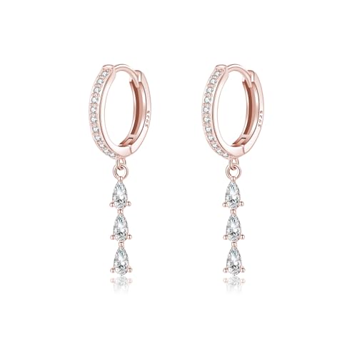 SLUYNZ 925 Sterling Silber CZ Teardrop Creolen Ohrringe Hängend für Damen Mädchen Huggie Ohrringe Ohrhänger (C-Rose Gold) von SLUYNZ
