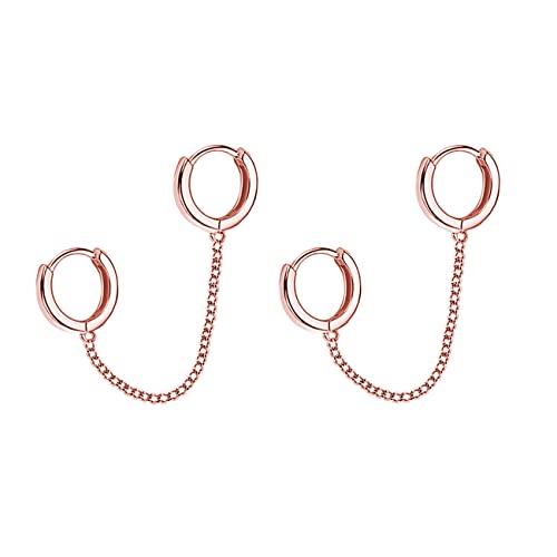 SLUYNZ 925 Sterling Silber Doppel Creolen Ohrringe Kette für Frauen Jugendlich Mädchen Doppelt Piercing Ohrringe Zwei Löcher (D-Rose Gold Plated) von SLUYNZ