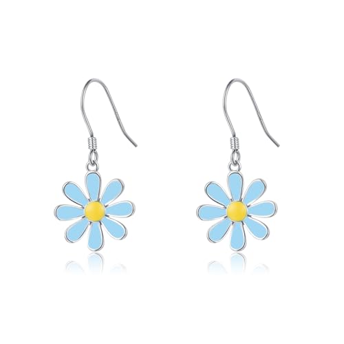 SLUYNZ 925 Sterling Silber Gänseblümchen Blume Ohrringe für Damen Mädchen Blaue Blume Hängend Ohrringe Sommer Frühling (A-Silber) von SLUYNZ
