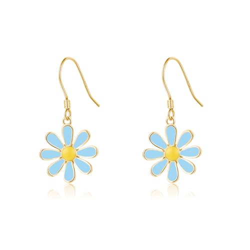 SLUYNZ 925 Sterling Silber Gänseblümchen Blume Ohrringe für Damen Mädchen Blaue Blume Hängend Ohrringe Sommer Frühling (B-18K vergoldet) von SLUYNZ