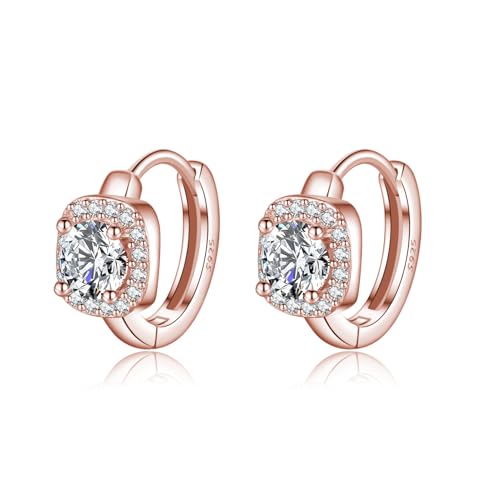SLUYNZ 925 Sterling Silber Halo simulierte Diamant Creolen Ohrringe für Damen Sparkly CZ Creolen Ohrringe Square Cubic Zirkonia Huggie (C-Rose Gold) von SLUYNZ