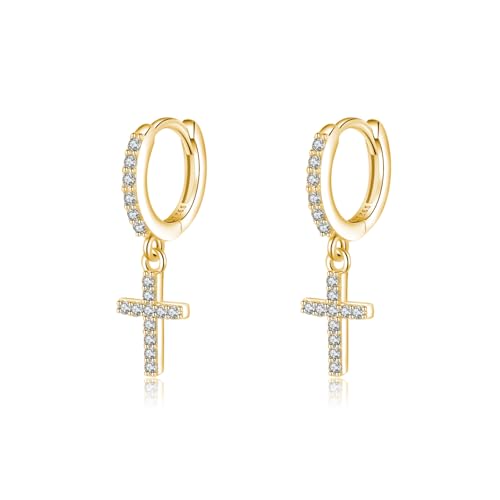 SLUYNZ 925 Sterling Silber Kreuz Creolen Ohrringe für Damen Kleine CZ Creolen Ohrringe Huggie Tropfen (B-Gold) von SLUYNZ