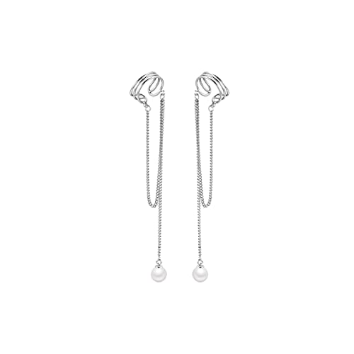 SLUYNZ 925 Sterling Silber No Piercing Manschette Ohrringe Kette für Frauen Teenagers Wrap Ohrringe Perle Quaste Clip On Ear (A-Silber) von SLUYNZ