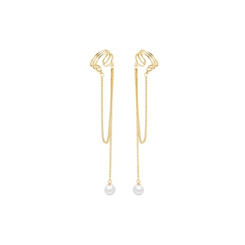 SLUYNZ 925 Sterling Silber No Piercing Manschette Ohrringe Kette für Frauen Teenagers Wrap Ohrringe Perle Quaste Clip On Ear (B-vergoldet) von SLUYNZ