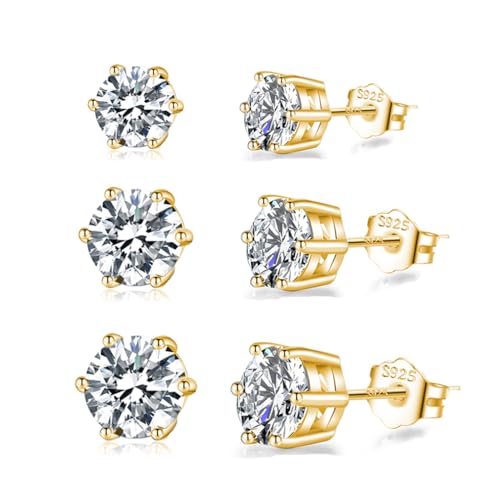SLUYNZ 925 Sterling Silber Ohrringe Zirkonia Ohrstecker für Damen CZ Ohrstecker 5MM/6MM/7MM Simulierter Diamant Ohrstecker (B-Gold) von SLUYNZ