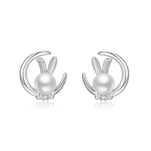 SLUYNZ 925 Sterling Silber Ostern Kaninchen Hase Ohrstecker für Frauen Teenager Perle Mond Kaninchen Ohrringe Ohrstecker von SLUYNZ