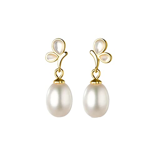 SLUYNZ 925 Sterling Silber Perle Tropfen Ohrringe für Frauen Damen Perle baumeln Ohrringe Hochzeit Braut Ohrringe Perlmutt Schmetterling Ohrstecker (B-vergoldet) von SLUYNZ