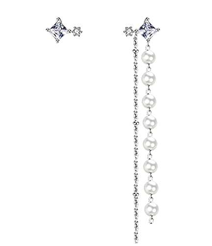 SLUYNZ 925 Sterling Silber Perlen Ohrringe Kette für Frauen Mädchen Asymmetrische CZ Ohrstecker Perlenohrringe Quaste Baumeln von SLUYNZ