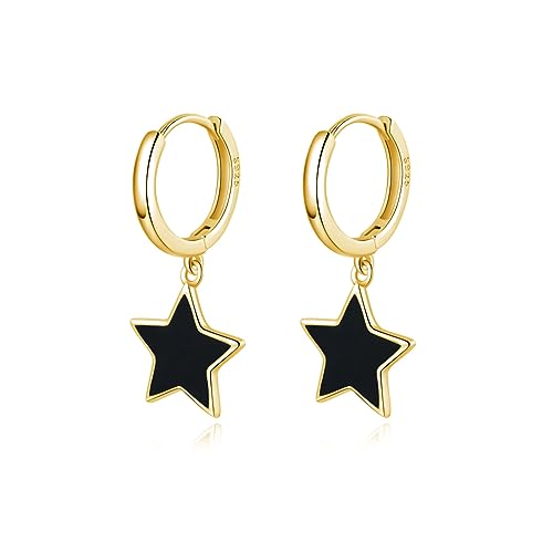 SLUYNZ 925 Sterling Silber Schwarz Star Creolen Ohrringe für Frauen Teen Mädchen 1,3 CM Star Creolen baumeln (B-Gold Plated) von SLUYNZ