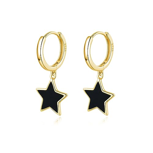 SLUYNZ 925 Sterling Silber Schwarz Star Creolen Ohrringe für Frauen Damen 1,3 CM Star Creolen baumeln (B-Gold Plated) von SLUYNZ