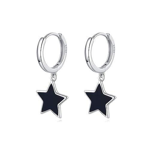 SLUYNZ 925 Sterling Silber Schwarz Star Creolen Ohrringe für Frauen Teen Mädchen 1,3 CM Star Creolen baumeln (A-Silver) von SLUYNZ