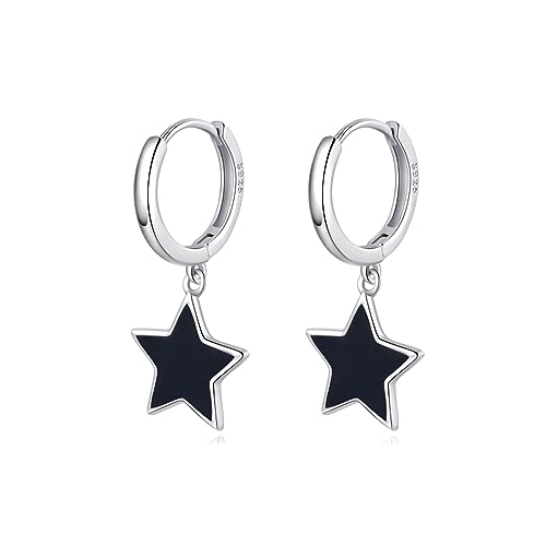 SLUYNZ 925 Sterling Silber Schwarz Star Creolen Ohrringe für Frauen Damen 1,3 CM Star Creolen baumeln (A-Silver) von SLUYNZ