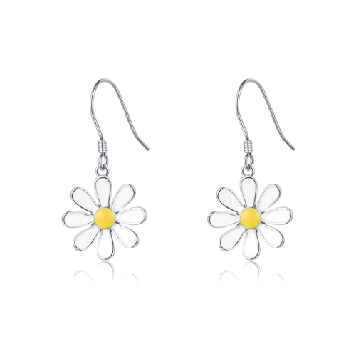 SLUYNZ 925 Sterling Silber Weiße Blume Ohrringe für Damen Mädchen Gänseblümchen Blume Hängend Ohrringe Sommer Frühling (A-Silber) von SLUYNZ