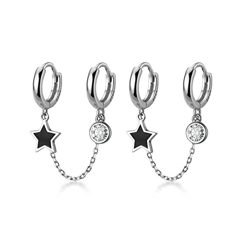 SLUYNZ 925 Sterling Silber Schwarz Stern Doppel Creolen Ohrringe Kette für Frauen Teen Mädchen CZ Doppel Piercing Ohrringe Huggie Ohrringe (Silber) von SLUYNZ