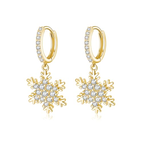 SLUYNZ Massive 925 Sterling Silber Funkelnde CZ Schneeflocke Creolen für Frauen Teen - Huggie Ohrringe Tropfen (B-Gold Plated) von SLUYNZ