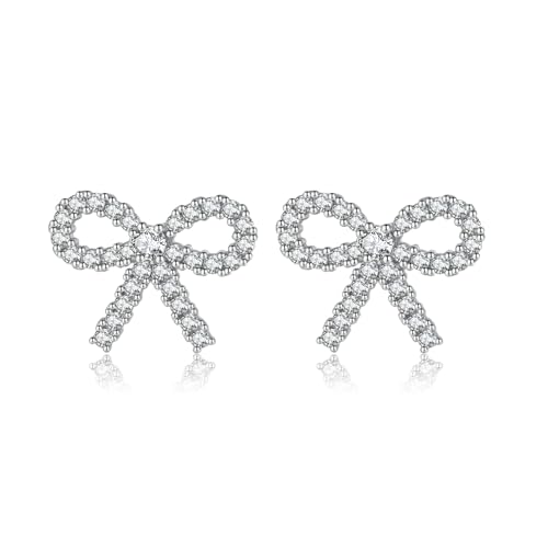 SLUYNZ Solid 925 Sterling Silber 1,7CM Schleife Ohrstecker für Frauen Teenager Funkelnde CZ Bowknot Ohrringe Ohrstecker (A-Silber) von SLUYNZ