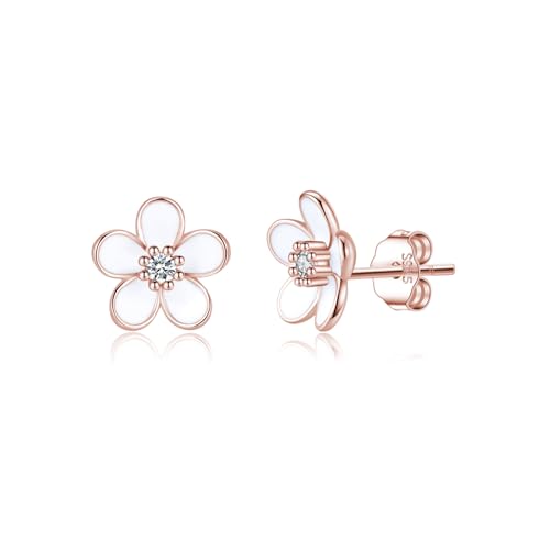 SLUYNZ Solid 925 Sterling Silber Blume Ohrstecker Ohrringe für Damen Mädchen Weiße Blume Ohrstecker Ohrringe (C-Rose Gold) von SLUYNZ
