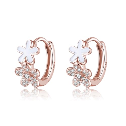 SLUYNZ Solid 925 Sterling Silber CZ Blume Creolen Ohrringe für Damen Double Blume Creolen Ohrringe Huggie (C-Rose Gold) von SLUYNZ