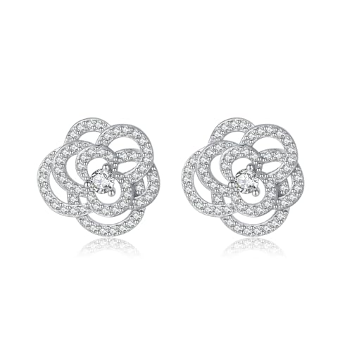 SLUYNZ Solid 925 Sterling Silber CZ Blume Ohrringe Ohrstecker für Damen 1,5CM Kamelie Blume Ohrstecker (A-Silber) von SLUYNZ