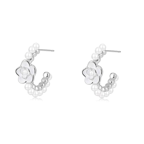 SLUYNZ Sterling Silber Blumenperlen Creolen Ohrringe für Frauen Damen Kamelie Blume Creolen Ohrringe Perlen Hochzeit Ohrringe Braut (A-Silver) von SLUYNZ