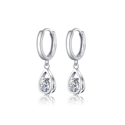 SLUYNZ Sterling Silber CZ Creolen Ohrringe für Damen Teenager - Funkelnde Teardrop Tropfen Huggie Mit Simulierten Diamanten (A-Silber) von SLUYNZ