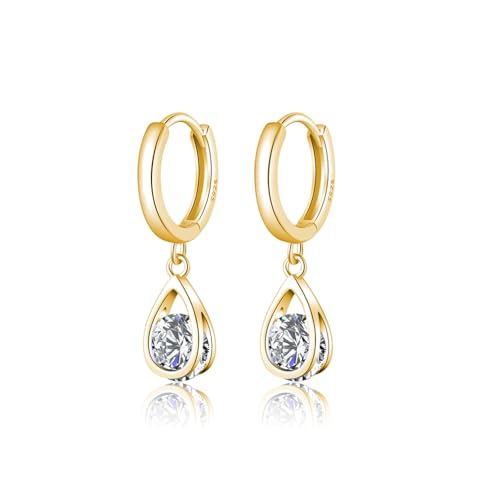 SLUYNZ Sterling Silber CZ Creolen Ohrringe Tropfen für Damen Teenager Funkelnde Teardrop Ohrringe Wasser Tropfen Huggie Simulierte Diamant Creolen (B-Gold) von SLUYNZ