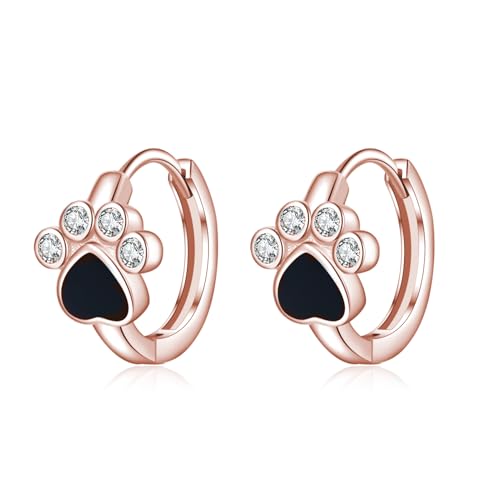 SLUYNZ Sterling Silber CZ Pfote Ohrringe Creolen Ohrringe für Damen Katze Hund Pfote Druck Ohrringe Kleine Pfote Creolen Ohrringe Huggie Black Herz Creolen Liebe (C-Rose Gold) von SLUYNZ