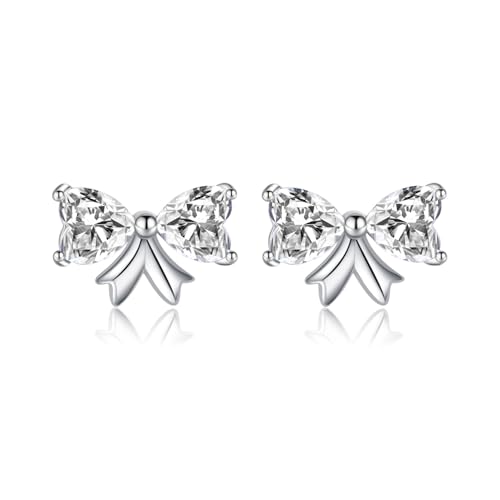 SLUYNZ Sterling Silber CZ Schleife Ohrstecker für Damen Kleine Liebe Schleife Ohrstecker (A-Silber) von SLUYNZ