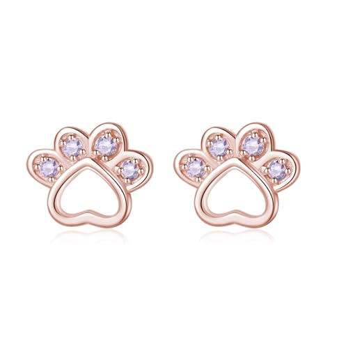 SLUYNZ Sterling Silber CZ kleine Pfote Ohrstecker Ohrringe für Damen Hund Katze Pfote Druck Ohrringe Tier Pfote Ohrringe Ohrstecker Kleine Liebe Herz Ohrringe (C-Rose Gold) von SLUYNZ
