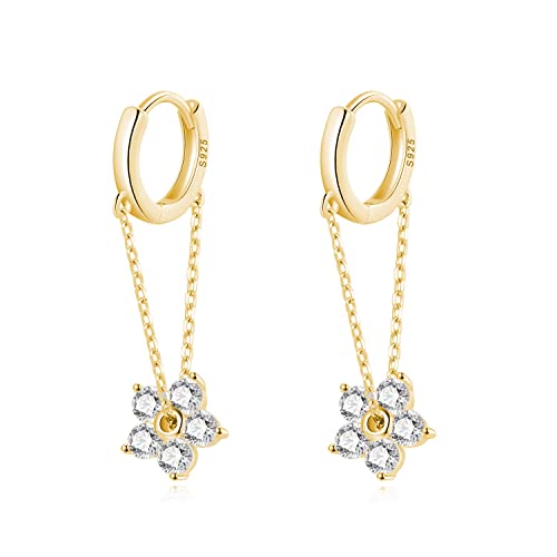 SLUYNZ Sterlingsilber CZ Blume Dangle Ohrringe Kette für Frauen Damen Flower Drop Hoop Ohrringe Quaste (B-Gold) von SLUYNZ