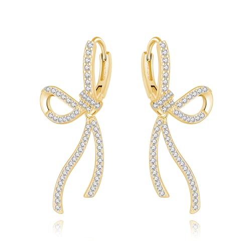 SLUYNZ Sterlingsilber CZ Schleife Creolen Ohrringe für Frauen Damen Strass Schleife Creolen Huggie (B-Gold) von SLUYNZ