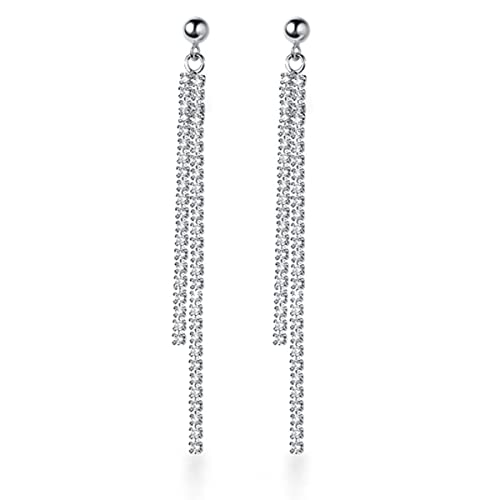 SLUYNZ Sterlingsilber Kristall Strass Lineare Ohrhänger für Frauen jugendlich Mädchen CZ Lange Ohrhänger Quaste Kette Ohrstecker (A-Silver-6.3cm) von SLUYNZ