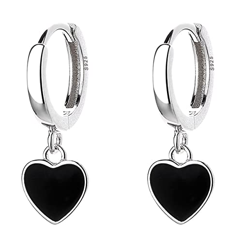 SLUYNZ Sterlingsilber Schwarz Herz Creolen Ohrringe für Frauen Jugendlich Mädchen Kleine Liebe Herz Creolen Ohrringe Huggie (A-Silver) von SLUYNZ