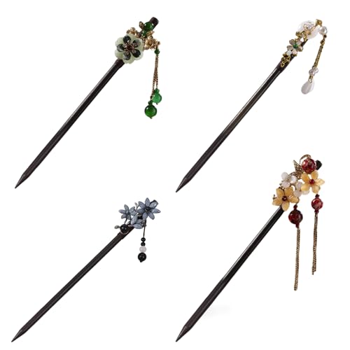 Chinesische Vintage-Haarspangen aus Holz mit Blumen und Quasten, Haarschmuck für Damen und Mädchen, 4 Stück von SLXLYH