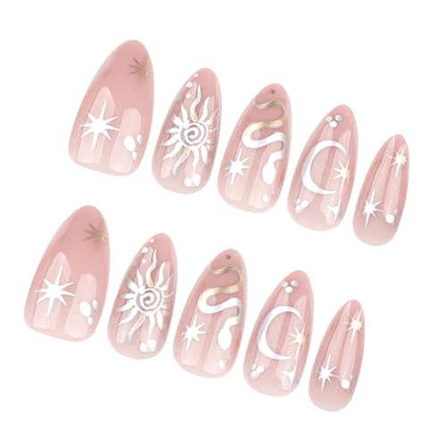 Glänzende künstliche Nägel zum Aufdrücken in Form eines Sternmonds, Mandel zum Aufkleben, volle Abdeckung, künstliche Nägel, Acryl, zum Aufkleben auf Nägel, Frauen von SLXLYH