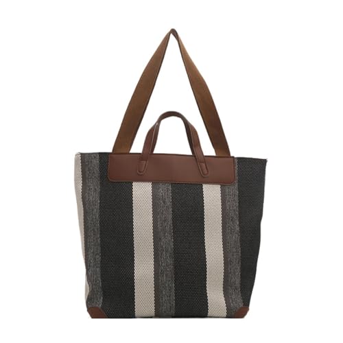 Modische Schultertasche aus Segeltuch mit Streifenmuster, große Schultertasche für Damen, Mehrzweck-Handtasche mit Kunstledergriff, lässige Unterarmtasche, Schwarz , One Size von SLXLYH