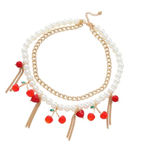 SLXLYH Trendige doppellagige Quasten, Kirschenanhänger, Halskette, Schmuck-Accessoire für modische Frauen, für den täglichen Gebrauch, Freizeitkleidung von SLXLYH