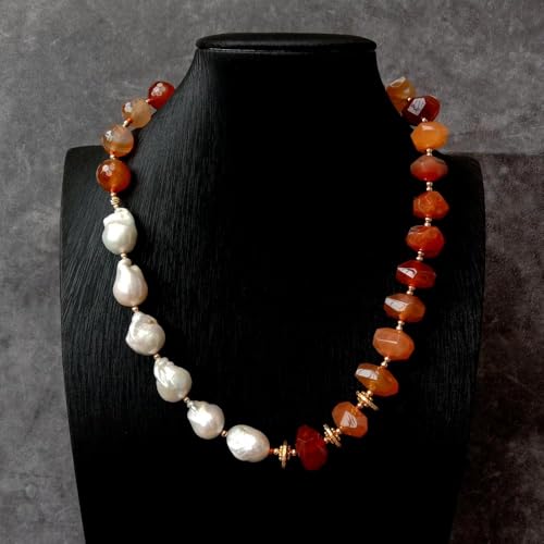 SLXWSXZE 12x18mm Cultured White Baroque Pearl 11x14mm Red Carnelian Nugget Agate Necklace 20.5" von SLXWSXZE