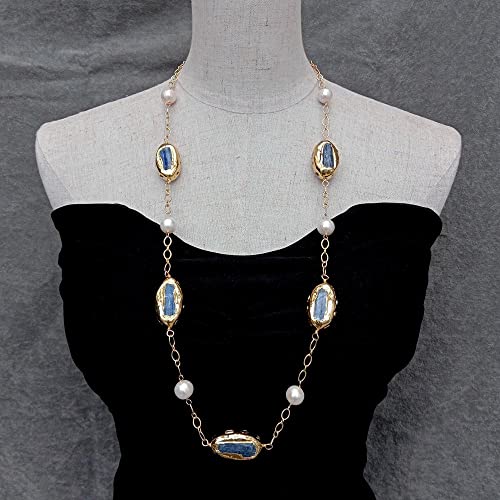 SLXWSXZE 13mm Freshwater White Pearl 19x32mm Blue Multi Color Tourmaline Rough Long Station Necklace von SLXWSXZE