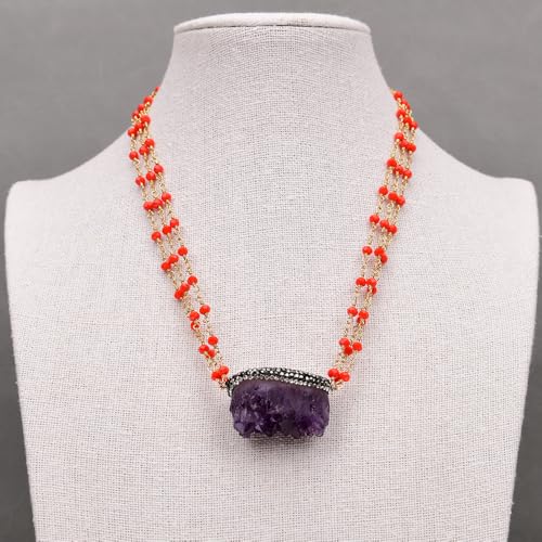 SLXWSXZE 18'' 3 Rows Purple Amethyst Rough Quartz Pendant Red Crystal Chain Chokers Necklace von SLXWSXZE